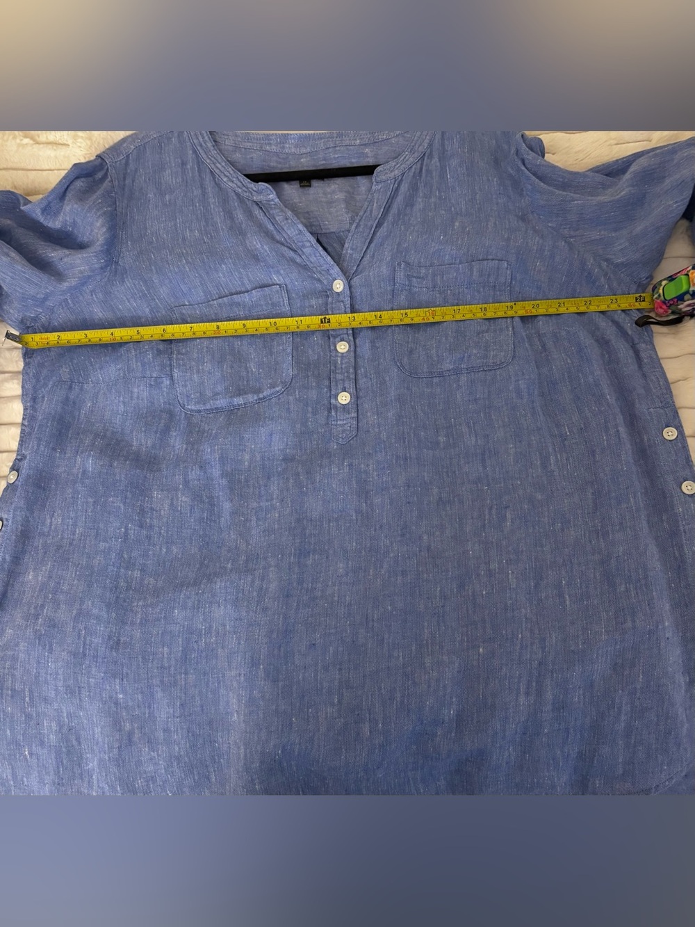 Talbots Side Button Linen Band Collar Popover Cross Dye Top Size 1X 100% Linen - Picture 6 of 6